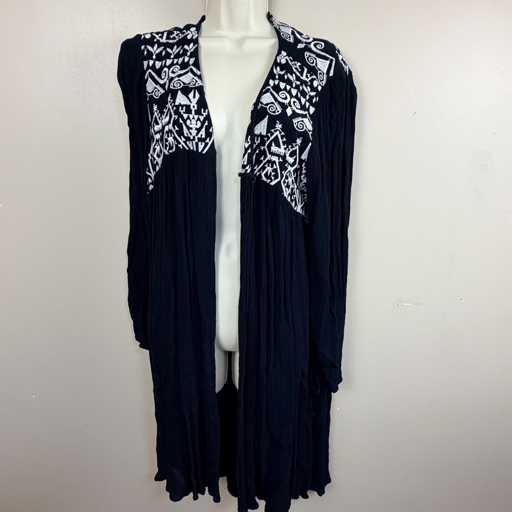 Torrid Kimono Cardigan Womens 1/2 Black Embroidered Boho Crinkle Rayon Gauze
